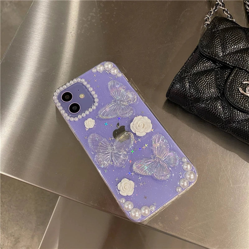 Cute 3D Bow Pearl Rose Phone Case For iPhone 15 14 13 12 11 Pro