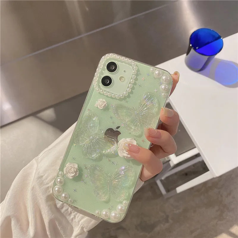 Cute 3D Bow Pearl Rose Phone Case For iPhone 15 14 13 12 11 Pro