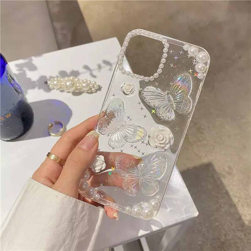 Cute 3D Bow Pearl Rose Phone Case For iPhone 15 14 13 12 11 Pro