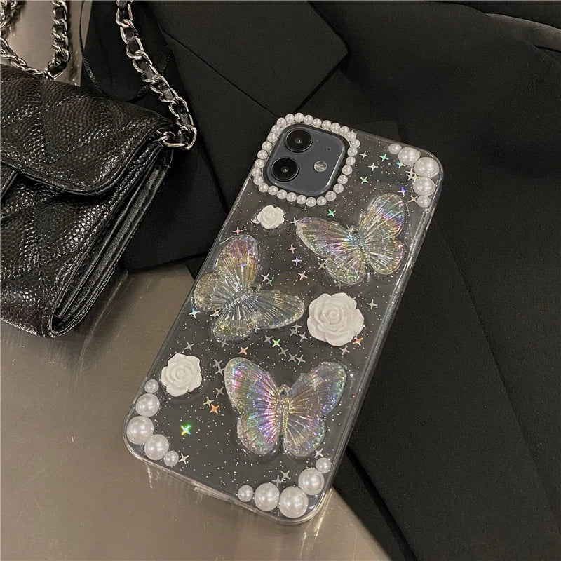 Cute 3D Bow Pearl Rose Phone Case For iPhone 15 14 13 12 11 Pro