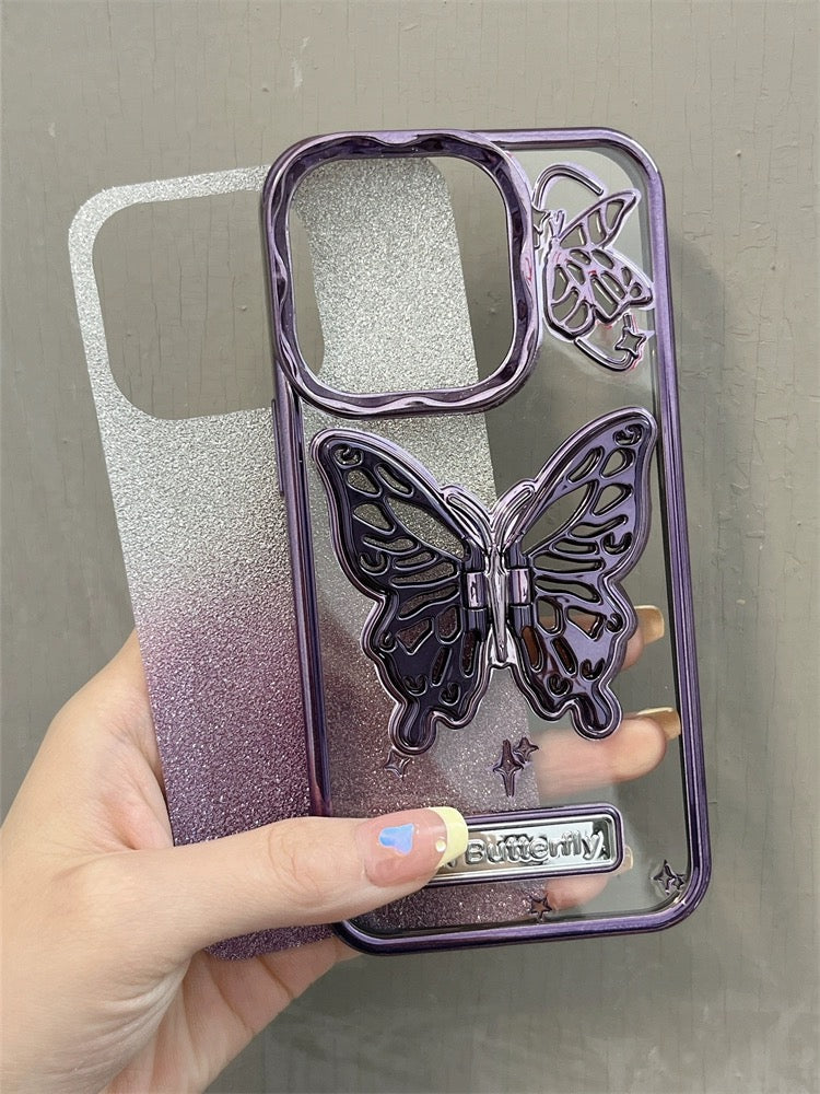 Glitter Butterfly Gradient Stand Case for iPhone Transparent Plating Soft Silicone Cover