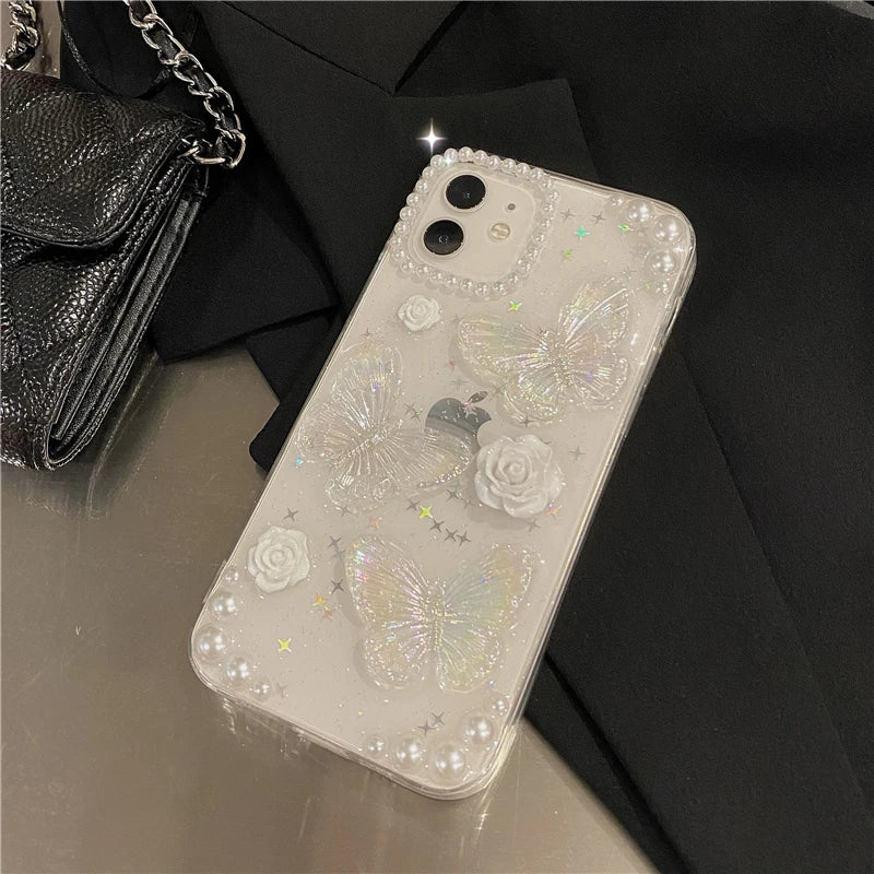 Cute 3D Bow Pearl Rose Phone Case For iPhone 15 14 13 12 11 Pro
